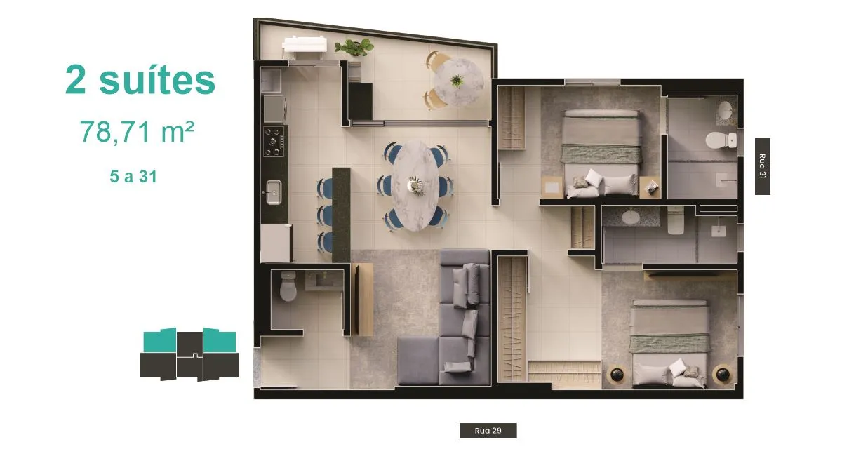 planta 2 quartos 78 m² b great bosque dos buritis