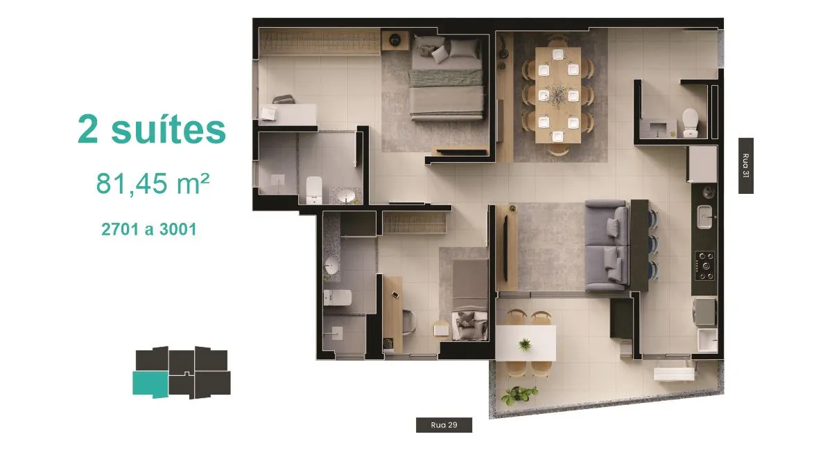 planta 2 suítes 81 m² b great bosque dos buritis