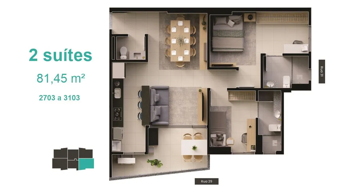 planta 2 suítes 81 m² final 3 b great bosque dos buritis