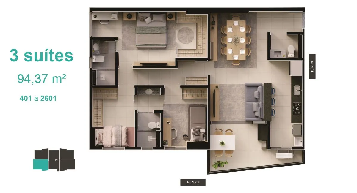 planta 3 suítes 91 m² final 1 b great bosque dos buritis